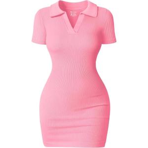 imageOQQ Womens Mini Dresses Sexy Ribbed Short Sleeve Tummy Control Bodycon Mini DressCandypink