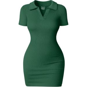imageOQQ Womens Mini Dresses Sexy Ribbed Short Sleeve Tummy Control Bodycon Mini DressDarkgreen