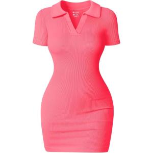 imageOQQ Womens Mini Dresses Sexy Ribbed Short Sleeve Tummy Control Bodycon Mini DressFluorescent Pink a