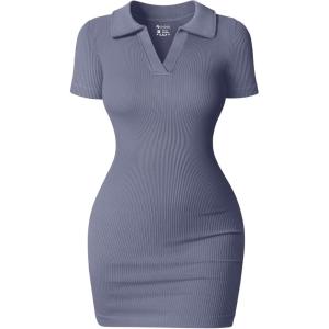 imageOQQ Womens Mini Dresses Sexy Ribbed Short Sleeve Tummy Control Bodycon Mini DressGrey Blue