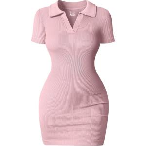 imageOQQ Womens Mini Dresses Sexy Ribbed Short Sleeve Tummy Control Bodycon Mini DressHide Pink