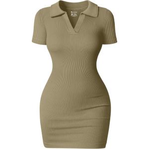 imageOQQ Womens Mini Dresses Sexy Ribbed Short Sleeve Tummy Control Bodycon Mini DressMocha