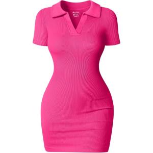 imageOQQ Womens Mini Dresses Sexy Ribbed Short Sleeve Tummy Control Bodycon Mini DressPitaya