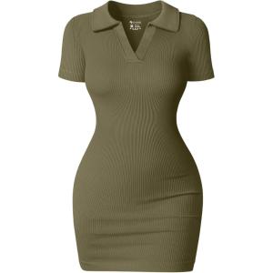 imageOQQ Womens Mini Dresses Sexy Ribbed Short Sleeve Tummy Control Bodycon Mini DressSauerkraut