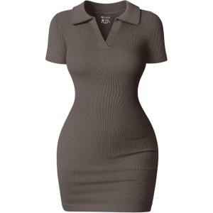 imageOQQ Womens Mini Dresses Sexy Ribbed Short Sleeve Tummy Control Bodycon Mini DressTea Leaf