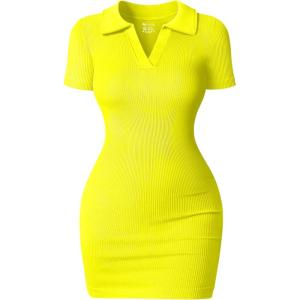 imageOQQ Womens Mini Dresses Sexy Ribbed Short Sleeve Tummy Control Bodycon Mini DressYellow