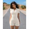 imageOQQ Women Yoga Rompers Ribbed V Neck Stretch Tummy Control Exercise RompersBeige