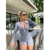imageOQQ Women Yoga Rompers Workout Ribbed Long Sleeve Zip Front Exercise RompersGrey Blue