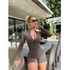 imageOQQ Women Yoga Rompers Workout Ribbed Long Sleeve Zip Front Exercise RompersTea Leaf