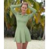 imageOQQ Womens Dress Casual Long Sleeve Elastic Simple ALine Zipper Mini DressPea Green