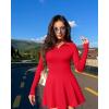 imageOQQ Womens Dress Casual Long Sleeve Elastic Simple ALine Zipper Mini DressRed