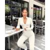 imageOQQ Womens Yoga Jumpsuits Ribbed Long Sleeve Zip Front Sport Bell Bottoms Flare JumpsuitsBeige