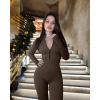 imageOQQ Womens Yoga Jumpsuits Ribbed Long Sleeve Zip Front Sport Bell Bottoms Flare JumpsuitsDarkbrown