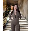 imageOQQ Womens Yoga Jumpsuits Ribbed Long Sleeve Zip Front Sport Bell Bottoms Flare JumpsuitsTea Leaf