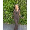 imageOQQ Womens Yoga Jumpsuits Ribbed Long Sleeve Zip Front Sport Bell Bottoms Flare JumpsuitsTea Leaf