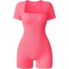 imageOQQ Women Short Sleeve Rompers Yoga Stretch Square Neck Exercise RompersFluorescent Pink a