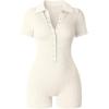 imageOQQ Women Yoga Rompers Ribbed V Neck Stretch Tummy Control Exercise RompersBeige