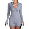 imageOQQ Women Yoga Rompers Workout Ribbed Long Sleeve Zip Front Exercise RompersGrey Blue