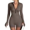 imageOQQ Women Yoga Rompers Workout Ribbed Long Sleeve Zip Front Exercise RompersTea Leaf