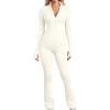 imageOQQ Womens Yoga Jumpsuits Ribbed Long Sleeve Zip Front Sport Bell Bottoms Flare JumpsuitsBeige