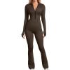 imageOQQ Womens Yoga Jumpsuits Ribbed Long Sleeve Zip Front Sport Bell Bottoms Flare JumpsuitsDarkbrown