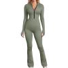 imageOQQ Womens Yoga Jumpsuits Ribbed Long Sleeve Zip Front Sport Bell Bottoms Flare JumpsuitsGreygreen