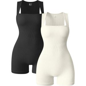 imageOQQ Women 2 Piece Rompers Yoga Stretch Strappy Square Neck Sleeveless Exercise RompersBlack beige