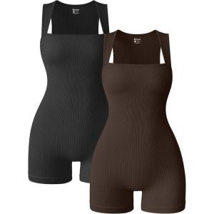 imageOQQ Women 2 Piece Rompers Yoga Stretch Strappy Square Neck Sleeveless Exercise RompersBlack darkbrown