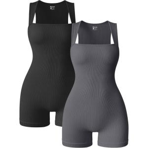 imageOQQ Women 2 Piece Rompers Yoga Stretch Strappy Square Neck Sleeveless Exercise RompersBlack darkgrey