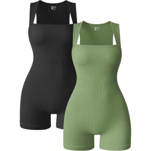 imageOQQ Women 2 Piece Rompers Yoga Stretch Strappy Square Neck Sleeveless Exercise RompersBlack pea Green