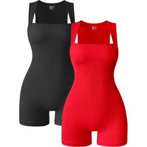 imageOQQ Women 2 Piece Rompers Yoga Stretch Strappy Square Neck Sleeveless Exercise RompersBlack red