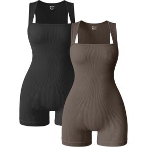 imageOQQ Women 2 Piece Rompers Yoga Stretch Strappy Square Neck Sleeveless Exercise RompersBlack tea Leaf