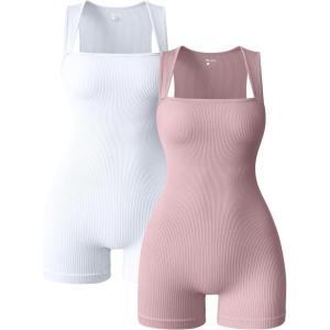 imageOQQ Women 2 Piece Rompers Yoga Stretch Strappy Square Neck Sleeveless Exercise RompersHide Pink white