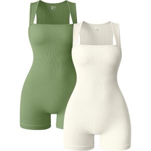 imageOQQ Women 2 Piece Rompers Yoga Stretch Strappy Square Neck Sleeveless Exercise RompersPea Green beige