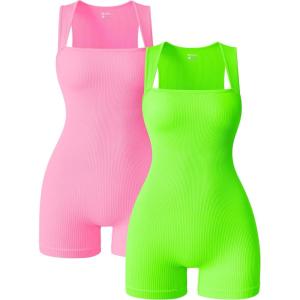 imageOQQ Women 2 Piece Rompers Yoga Stretch Strappy Square Neck Sleeveless Exercise RompersRose1 fluorescent Green