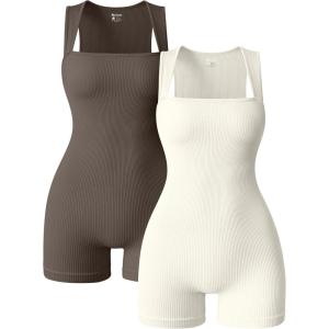 imageOQQ Women 2 Piece Rompers Yoga Stretch Strappy Square Neck Sleeveless Exercise RompersTea Leaf beige