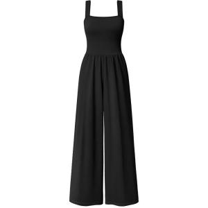 imageOQQ Women Jumpsuits Dressy Casual Sleeveless Square Neck One Piece Outfits Causal Wide Leg Jumpsuit Black