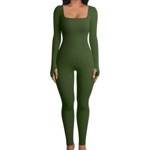 imageOQQ Women Long Sleeve Yoga Jumpsuits Workout Ribbed Bodysuits Pants Sexy One PieceArmygreen