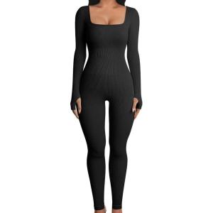 imageOQQ Women Long Sleeve Yoga Jumpsuits Workout Ribbed Bodysuits Pants Sexy One PieceBlack
