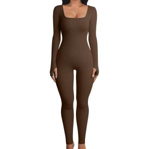 imageOQQ Women Long Sleeve Yoga Jumpsuits Workout Ribbed Bodysuits Pants Sexy One PieceCoffee