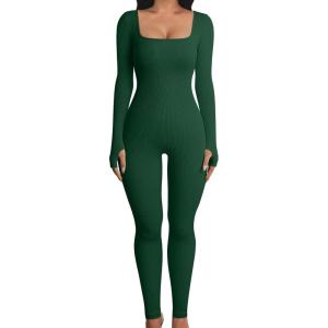 imageOQQ Women Long Sleeve Yoga Jumpsuits Workout Ribbed Bodysuits Pants Sexy One PieceDarkgreen