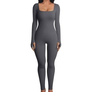 imageOQQ Women Long Sleeve Yoga Jumpsuits Workout Ribbed Bodysuits Pants Sexy One PieceDarkgrey