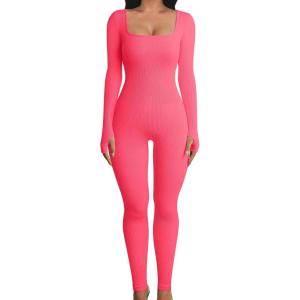 imageOQQ Women Long Sleeve Yoga Jumpsuits Workout Ribbed Bodysuits Pants Sexy One PieceFluorescent Pink a