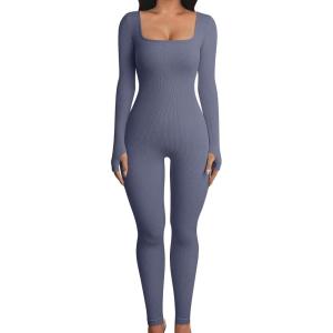 imageOQQ Women Long Sleeve Yoga Jumpsuits Workout Ribbed Bodysuits Pants Sexy One PieceGrey Blue
