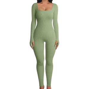imageOQQ Women Long Sleeve Yoga Jumpsuits Workout Ribbed Bodysuits Pants Sexy One PiecePea Green