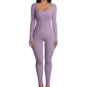 imageOQQ Women Long Sleeve Yoga Jumpsuits Workout Ribbed Bodysuits Pants Sexy One PieceTaro Purple