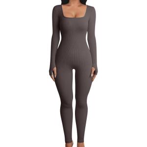imageOQQ Women Long Sleeve Yoga Jumpsuits Workout Ribbed Bodysuits Pants Sexy One PieceTea Leaf