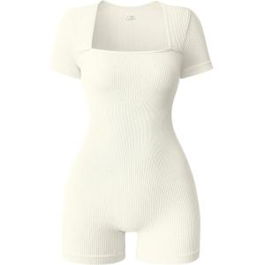 imageOQQ Women Short Sleeve Rompers Yoga Stretch Square Neck Exercise RompersBeige