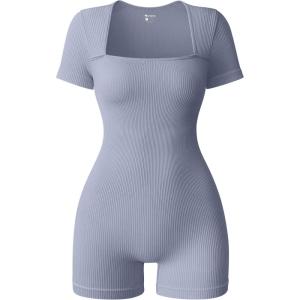 imageOQQ Women Short Sleeve Rompers Yoga Stretch Square Neck Exercise RompersBlues