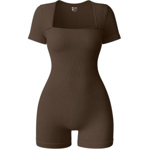 imageOQQ Women Short Sleeve Rompers Yoga Stretch Square Neck Exercise RompersDarkbrown